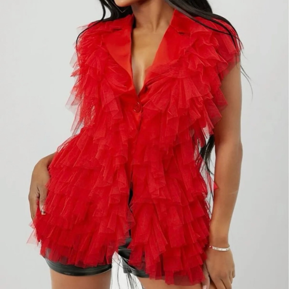 SHEIN sexy satin ruffle tulle vest blazer